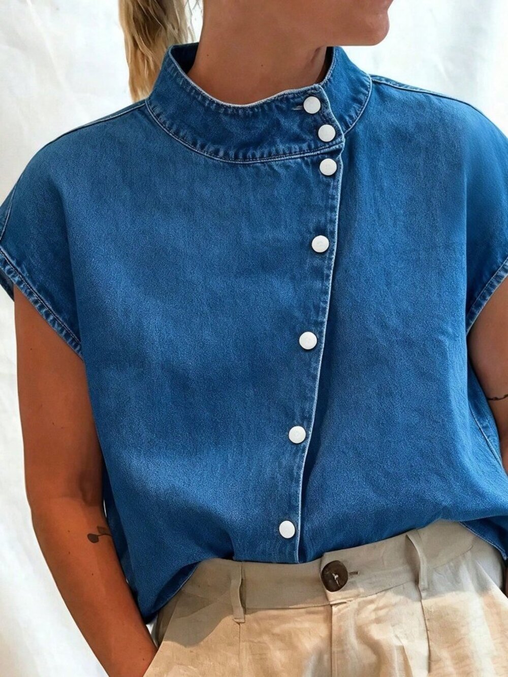 Blue Casual Women's Stand Collar Loose Fit Denim Blouse